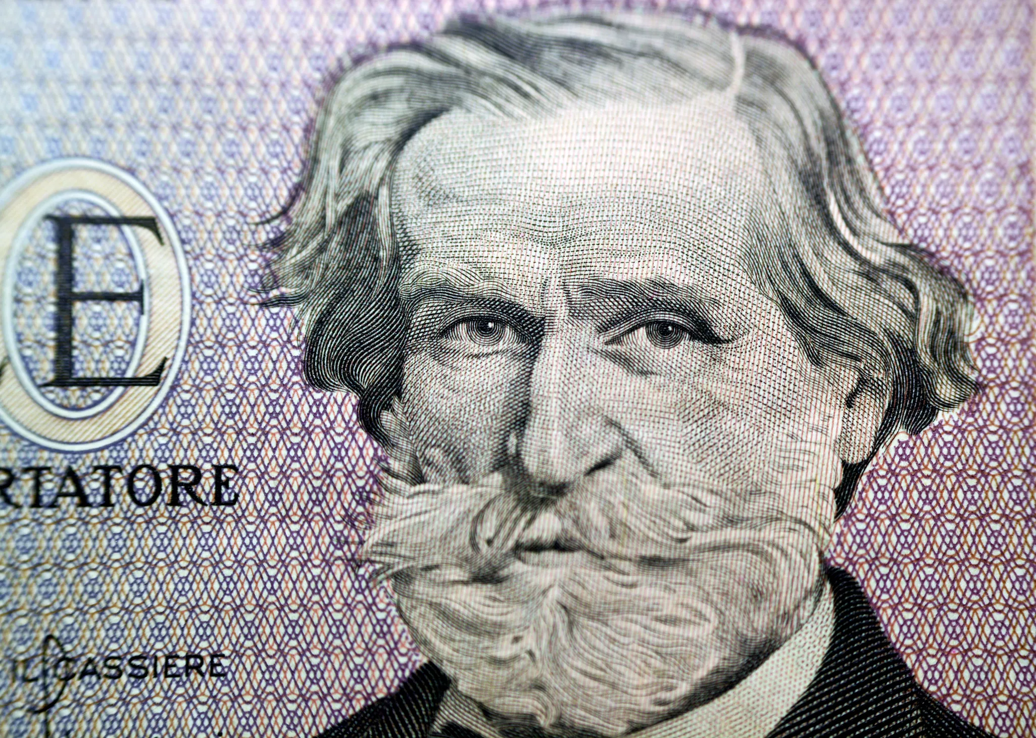 Un retrat del compositor italià Giuseppe Verdi en un bitllet de 1000 mil lires italianes