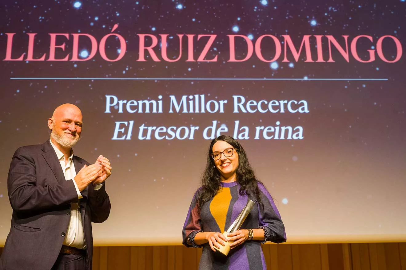 Lledó Ruiz Domingo, investigadora de la Universitat de València, amb el director general del Palau de la Música, Joan Oller