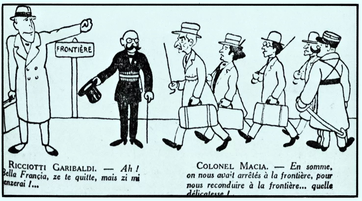 El judici a Macià va despertar una gran expectació: primeres planes, comentaris, fotografies... I també acudits que ironitzen sobre Macià i Garibaldi, com aquests, que van ser publicats a 'La Liberté' i 'Le Journal' el gener del 1927