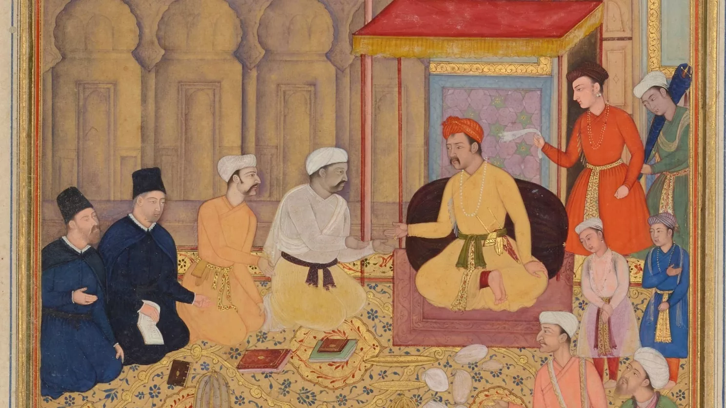 Antoni de Montserrat (a l'esquerra de la imatge) en un debat religiós a la Casa de l'Adoració de Fatehpur Sîkri, en presència del Gran Mogol Akbar