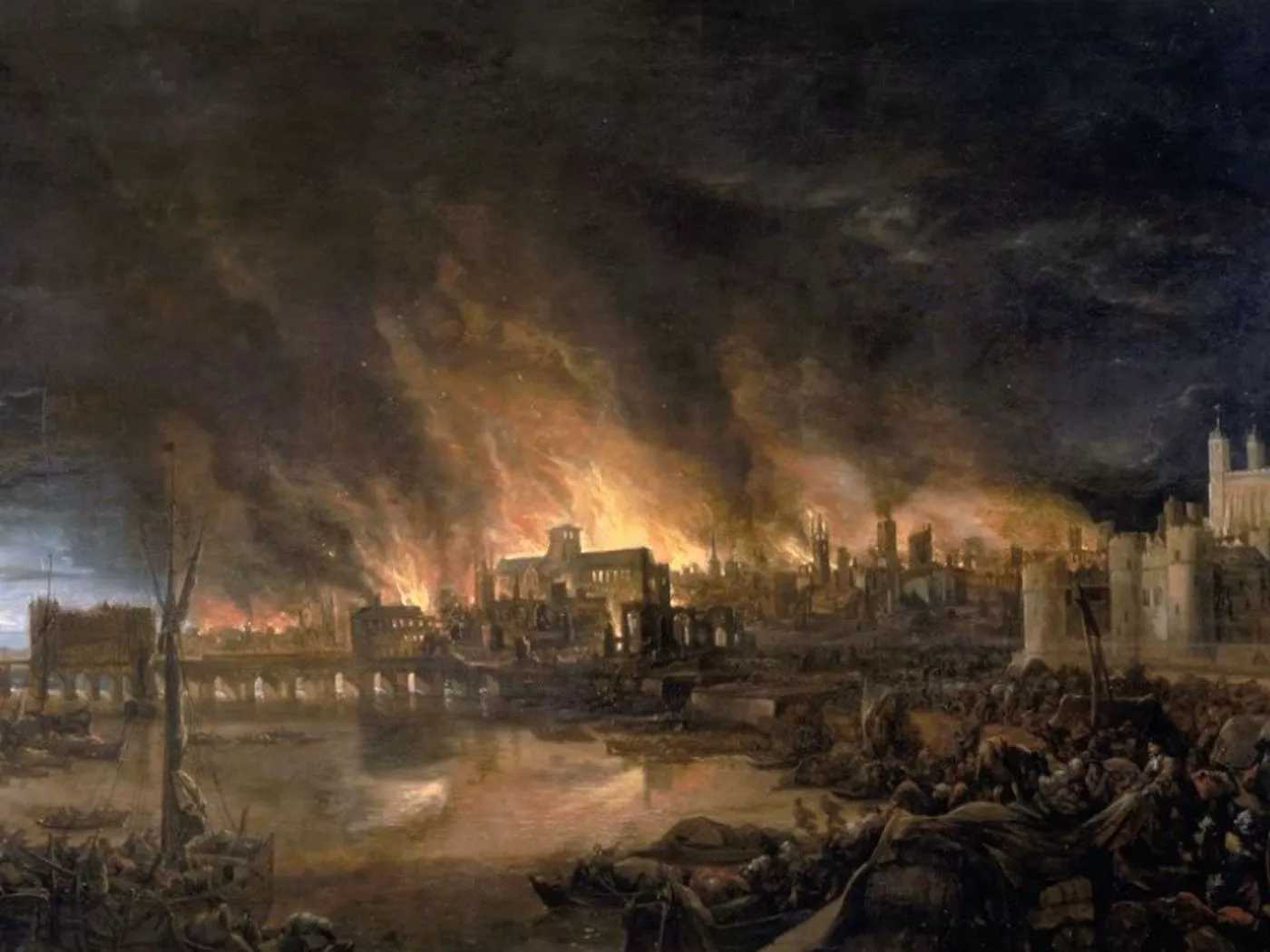 Detall d'una pintura del Gran Incendi de Londres d'un artista desconegut