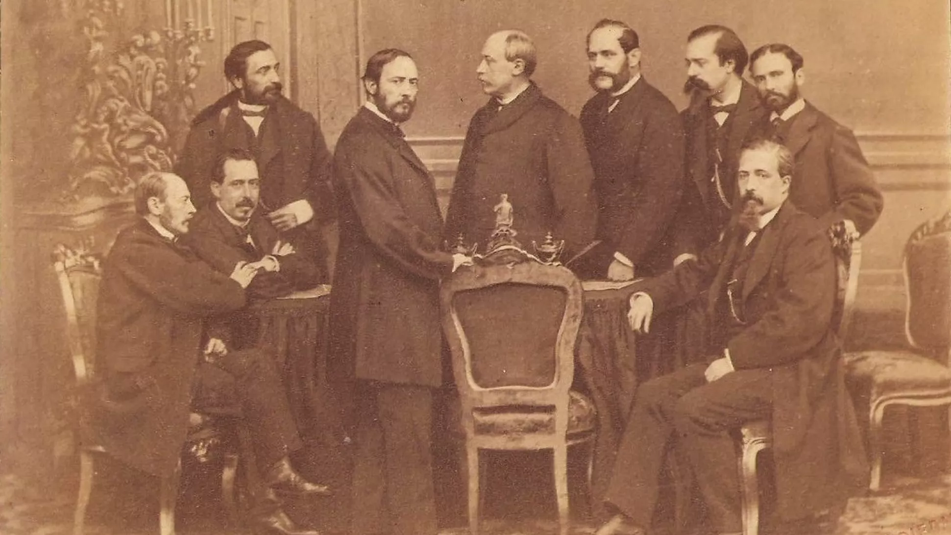 El govern provisional de 1869. Hi apareixen tresDesde izquierda: Laureano Figuerola, Manuel Ruiz Zorrilla, Práxedes Mateo Sagasta, Juan Prim