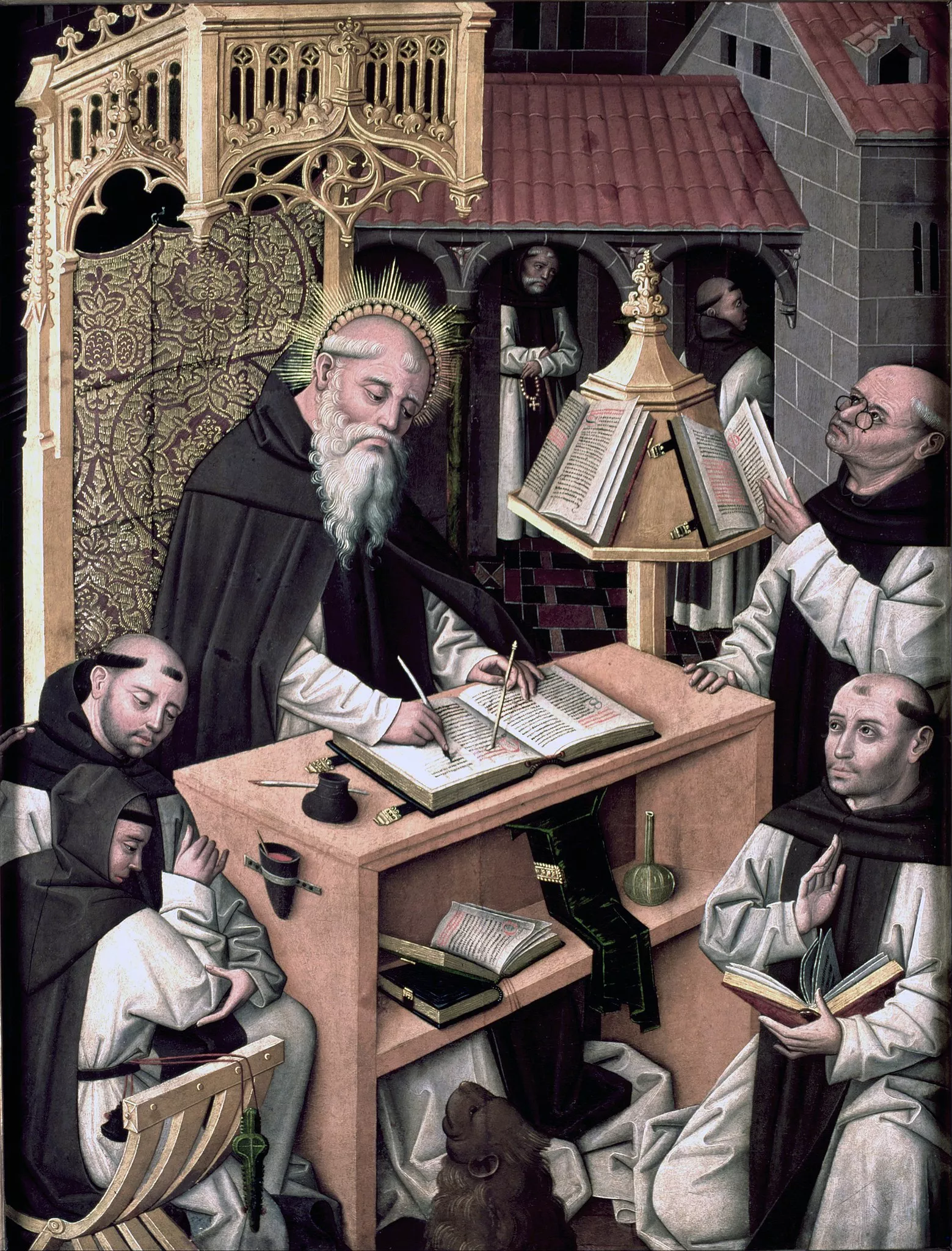 'Sant Jeroni al scriptorium', del Mestre del Parral, presenta Sant Jeroni envoltat dels seus deixebles escrivint la 'Vulgata' al 'scriptorium' d'un monestir