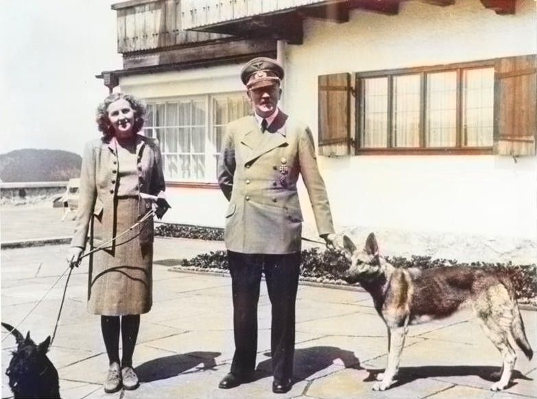 Hitler i Blondi i Eva Braun amb un dels seus dos gossos el 14 de juny de 1942